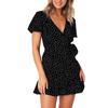 Summer V-neck Printed Short-sleeved Skirt, Lace-up Ruffled Dress, Fashionable, Sexy, Elegant and Generous Ladies Long Skirt