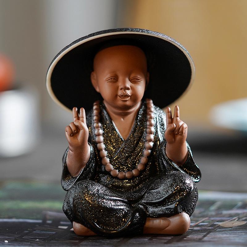 Black Pottery Buddhist Monks Miniature Figurines Buddha Statue Sculpture Tea Filter Funel Set Ornaments Home Docor Decoration