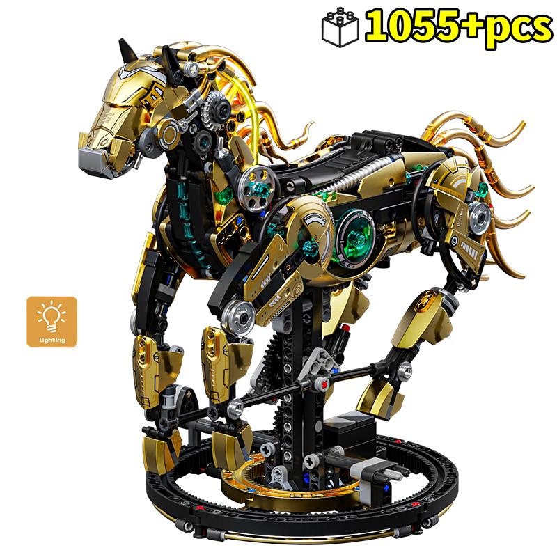 

STEM Creative Golden Machinery Horse Building Blocks Animal Movable Models with Light Stands Kid Assembly Toys Birthday Gift