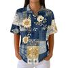 Women's Casual Short Sleeve Waffle Knit Polo Shirt Vintage Floral Print Button Down Collared Top Lightweight Breathable Fabric