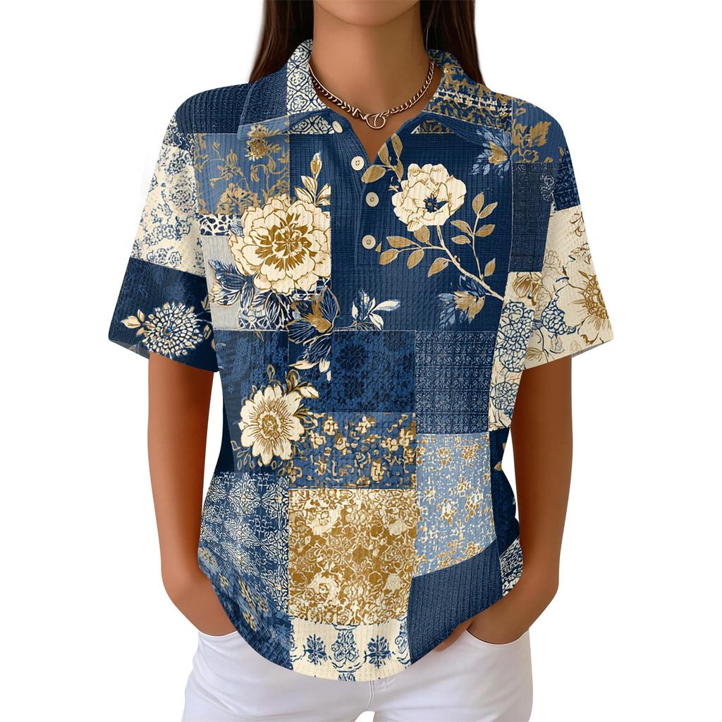 Women's Casual Short Sleeve Waffle Knit Polo Shirt Vintage Floral Print Button Down Collared Top Lightweight Breathable Fabric
