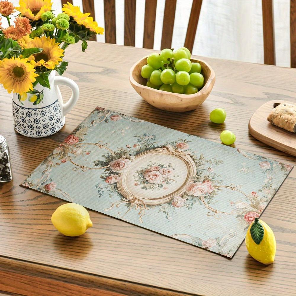 4 Pezzi Runner da Tavola Floreali e a Riccioli Stile Francese Vintage - Tovagliette Rettangolari in Poliestere Lavabili, 12x18 Pollici, Adatte per Sala da Pranzo, Cucina,