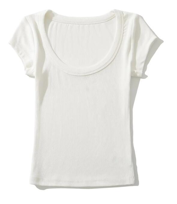 Damski letni dopasowany elastyczny top z krótkim rękawem, okrągłym dekoltem i wycięciem 2024