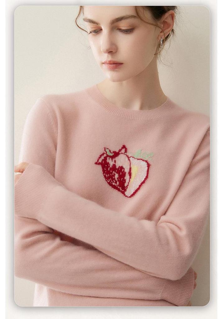 Women's Cashmere Sweater: Round Neck, Long Sleeve, Strawberry Jacquard Knit for Autumn/Winter