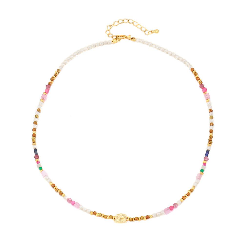 GEMCHIC Women's Colorful Natural Stone Beaded Necklace, Irregular Handmade Geometric Pendant Chain for Summer Vacation