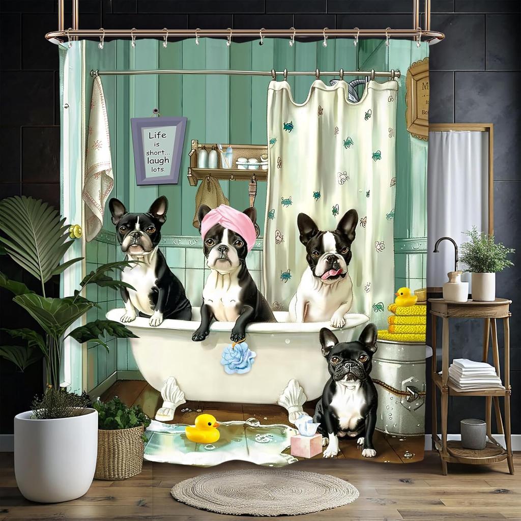 Miyotaa Lustiges Hunde Duschvorhang Set 60B x 71H Zoll Badezimmer Bulldogge Labrador Vintage Retro Lustiges Tier Wasserdicht Badezimmer