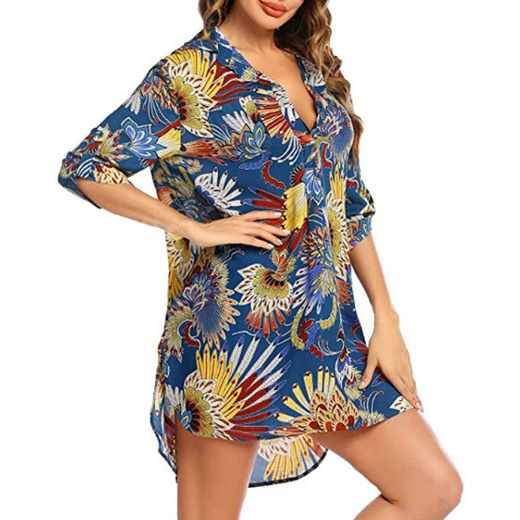 Damenmode bedrucktes, entspanntes, langärmliges, kurzes Strandblusen-Hemdkleid mit V-Ausschnitt