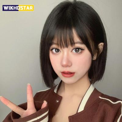 Punk Style Synthetic Wig Female Short Black Hair Air Bangs High Temperature Silk Synthetic Fiber Straight Hair Full Head Cover
