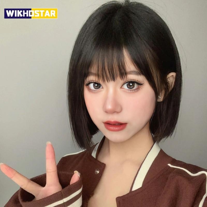 Punk style synthetic wig female short black hair air bangs high temperature silk synthetic fiber straight hair full head cover