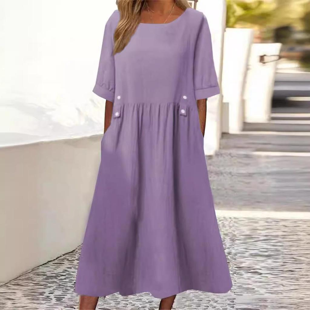 Round Neck Dress-up Breathable Cotton Linen Women Dress Streetwear Lady