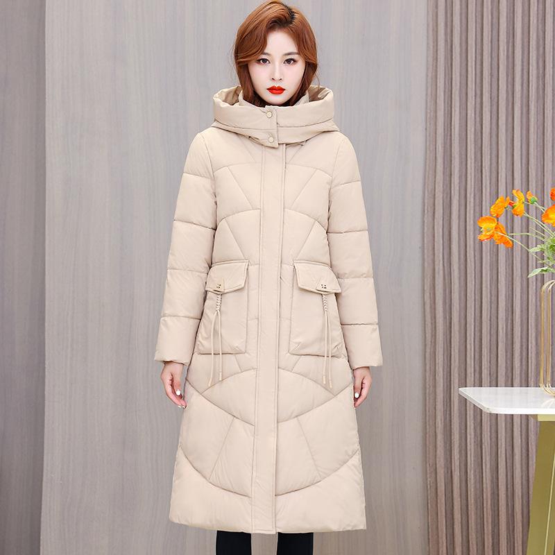 Long over-knee hooded cotton-padded clothes for women's new winter medium and long large size waist and thin middle-aged and elderly coats