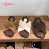 Aphixta New Warm Winter Fleeces Furry Women Slippers Cross Strap Square Toe Women Shoes Flat Heel Hair Slides Footwear
