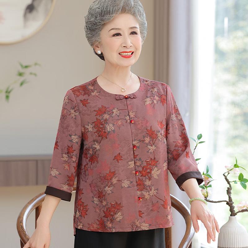 New Chinese Style Maple Leaf Print Seven-Sleeve Shirt L красный