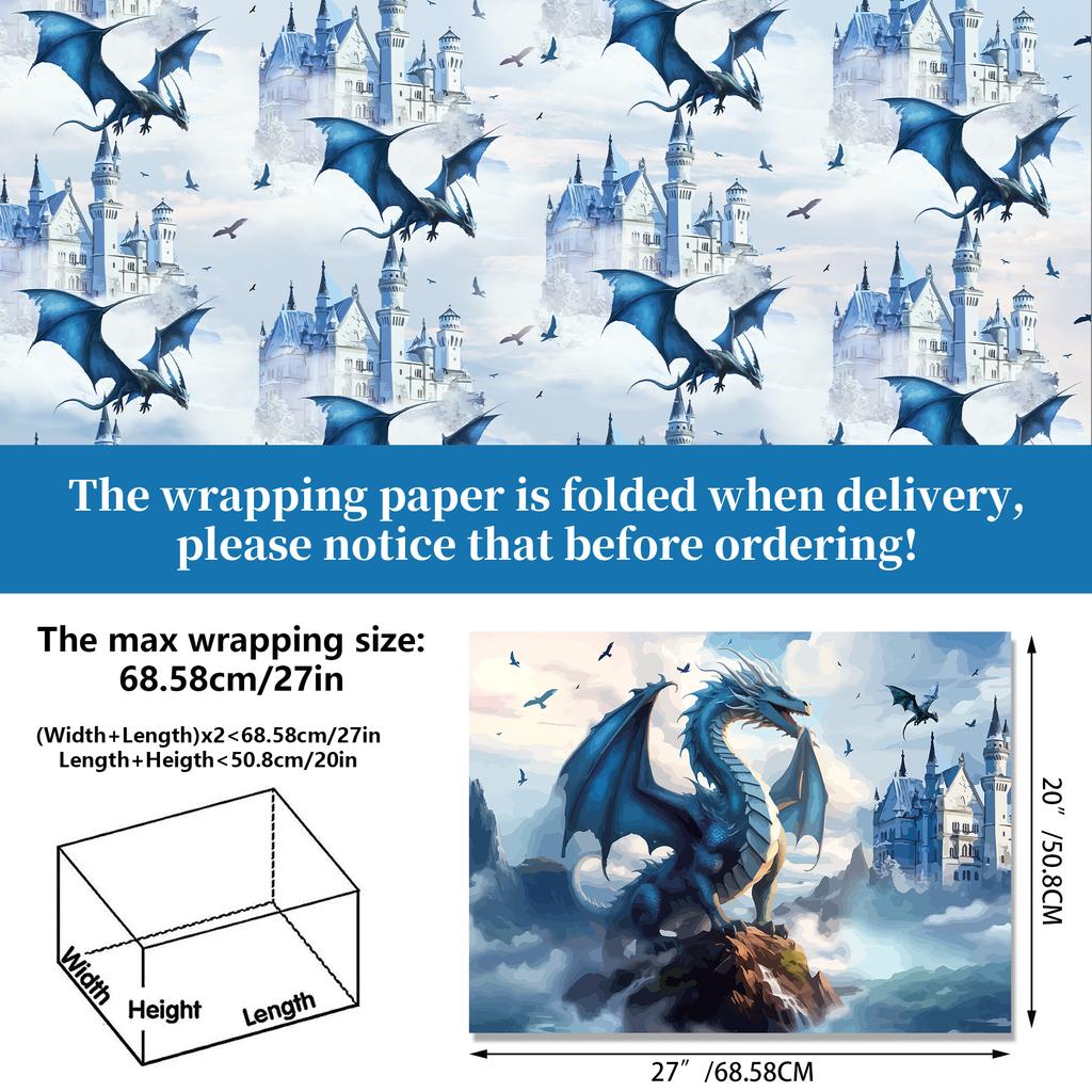 Kids Gift Wrap Clear Blue Dragon Paper Gift Wrap Sheets Tear-Resistant Party Decor Paper For Magical Party Birthday Holiday