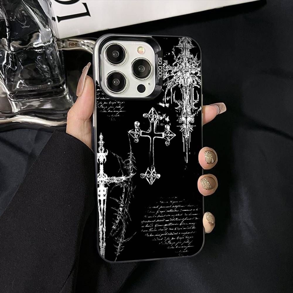 Gothic Cyber Sigil Cross Phone Case For iPhone 17 Air 16 15 14 11 12 13 Pro Max Plus X XR XS Colored Silver Hard Cover