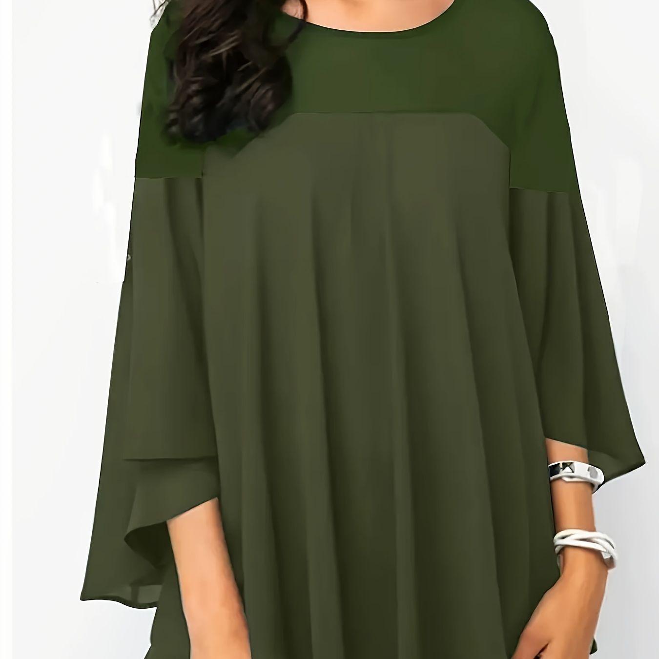 Women s Plus Size Patchwork Mid-Sleeve Irregular Hem Shirt 4XL