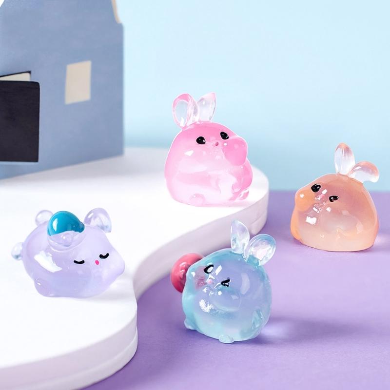 6 Piece Resin Rabbit Figurine Set with Glow Feature Miniatures Rabbit Ornament for Bedroom, Living Room, Study