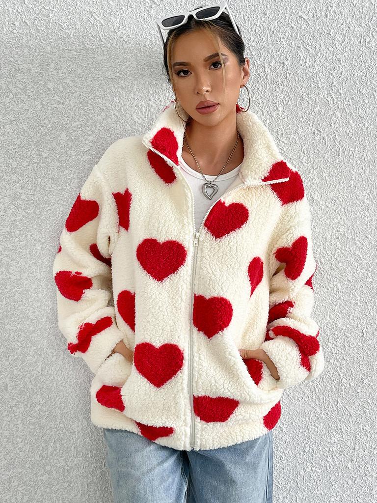 Women Fleece Winter Warm Plush Zipper Jacket Love Printed Casual Coat Loose Long Sleeve Outerwears