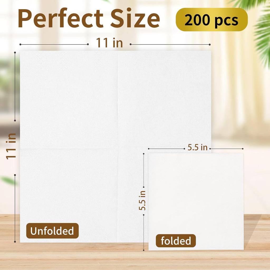 Cocktail Napkins - 200 Count 2-Ply White Disposable Napkins, 5.5x5.5 Inch Folded Beverage Napkins Paper for Dinner Wedding Bar Birthday Party and