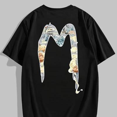 ‘M’-Shaped Chinese-Style Illustration Print T-Shirt,Soft Breathable & Fade-Resistant, Classic Fit for Daily Casual Wear