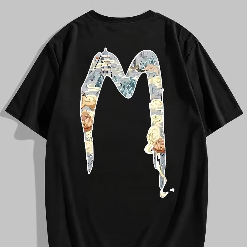 

Футболка с принтом в китайском стиле в форме буквы «М», Мягкая, дышащая и устойчивая к выцветанию, Классический крой для повседневной носки XXL чёрный
