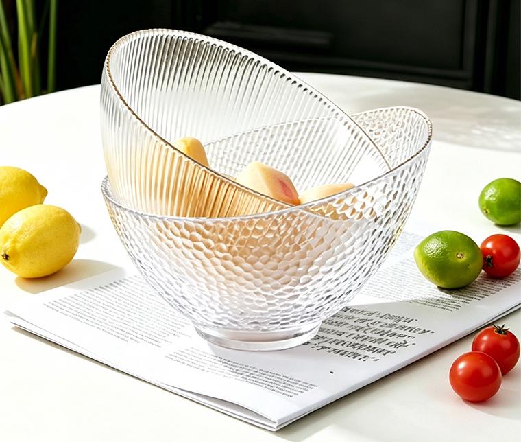 High-Value Gold Rim Glass Salad Bowl - Light Luxury Large Fruit Plate with Elevated Slanted Mouth Design.
