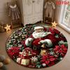 Christmas Santa Claus Round Rug Gift Box Bell Poinsettia Snowflake Holiday Print Circular Floor Mat Rug for Living Room Bedroom