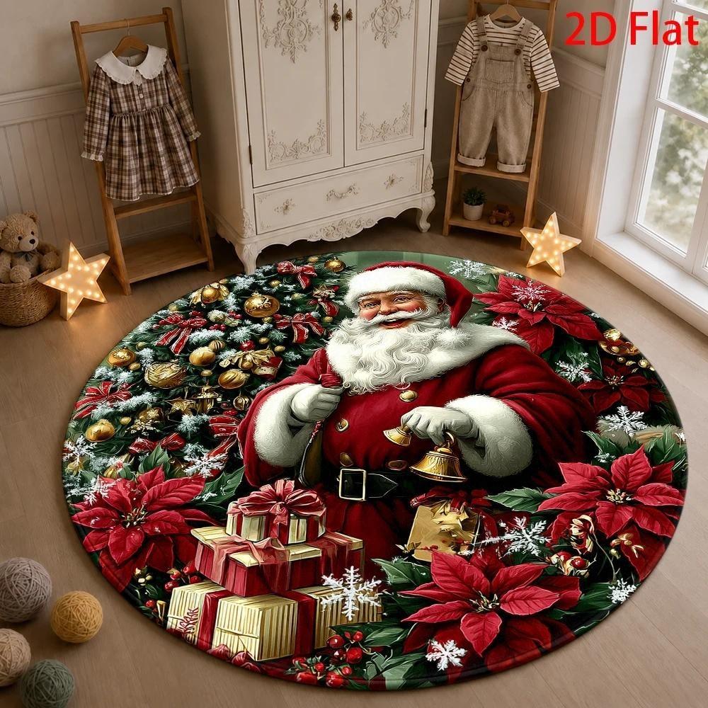 Christmas Santa Claus Round Rug Gift Box Bell Poinsettia Snowflake Holiday Print Circular Floor Mat Rug for Living Room Bedroom