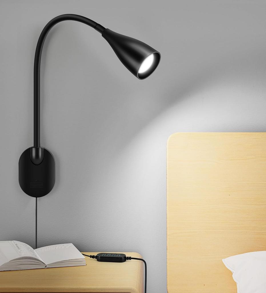 LED Flexible Gooseneck Wall-Mounted Reading Lamp, Dimmable & 3 Color Temperature Book Light for Desk or Bedside, Study Light