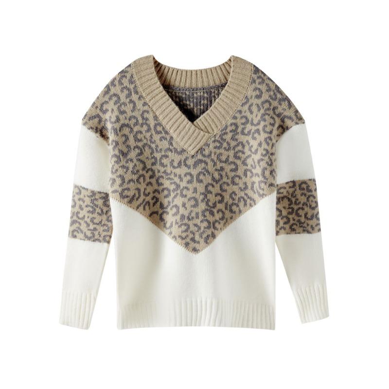 Women S V Neck Leopard Print Loose Knit Sweater Autumn Winter