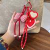 Red Gingham Bow Keychain with Heart Mirror And Lip Pendant Cute Sweet Style Bag/Key Decoration Accessory Braided Rope Material