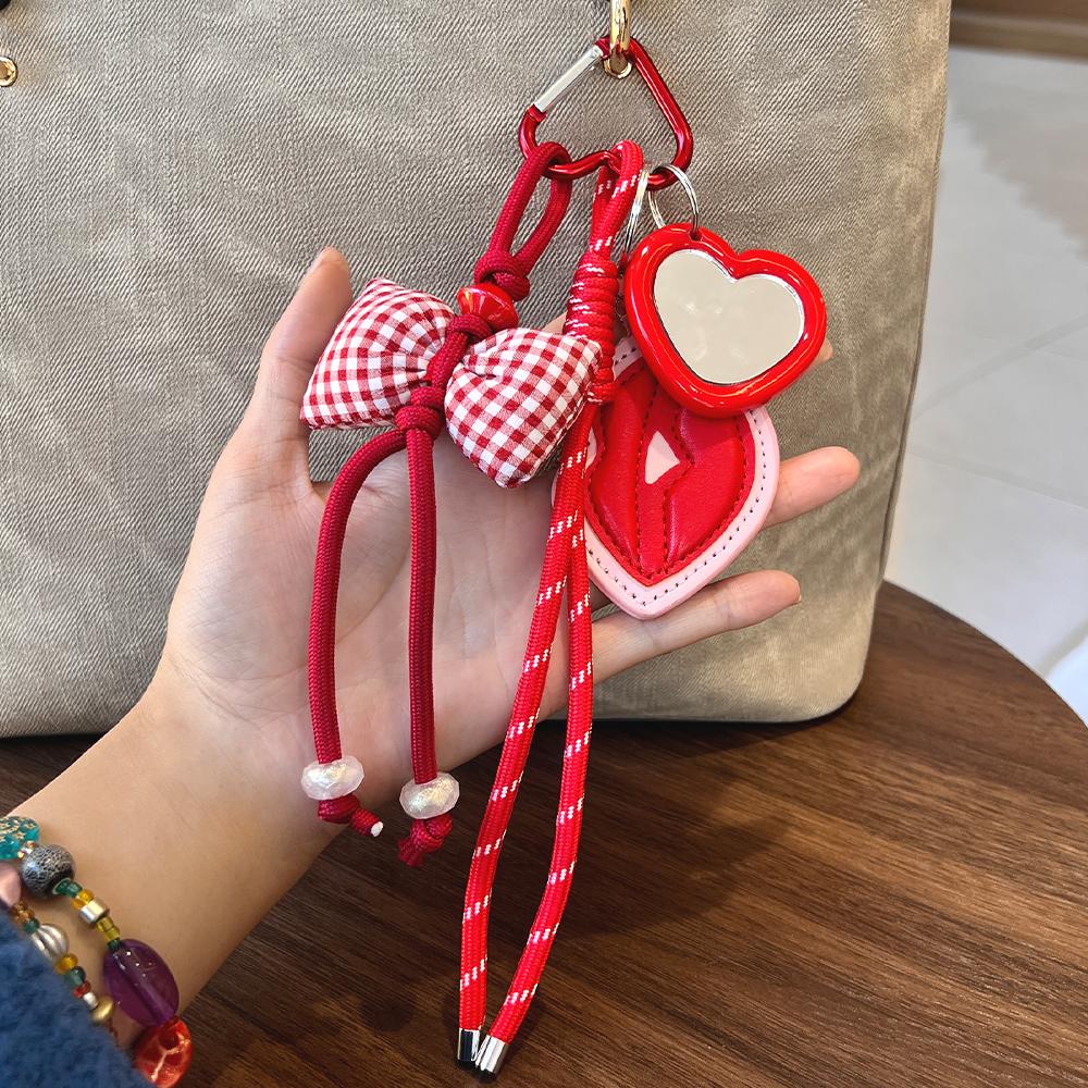 Red Gingham Bow Keychain with Heart Mirror And Lip Pendant Cute Sweet Style Bag/Key Decoration Accessory Braided Rope Material