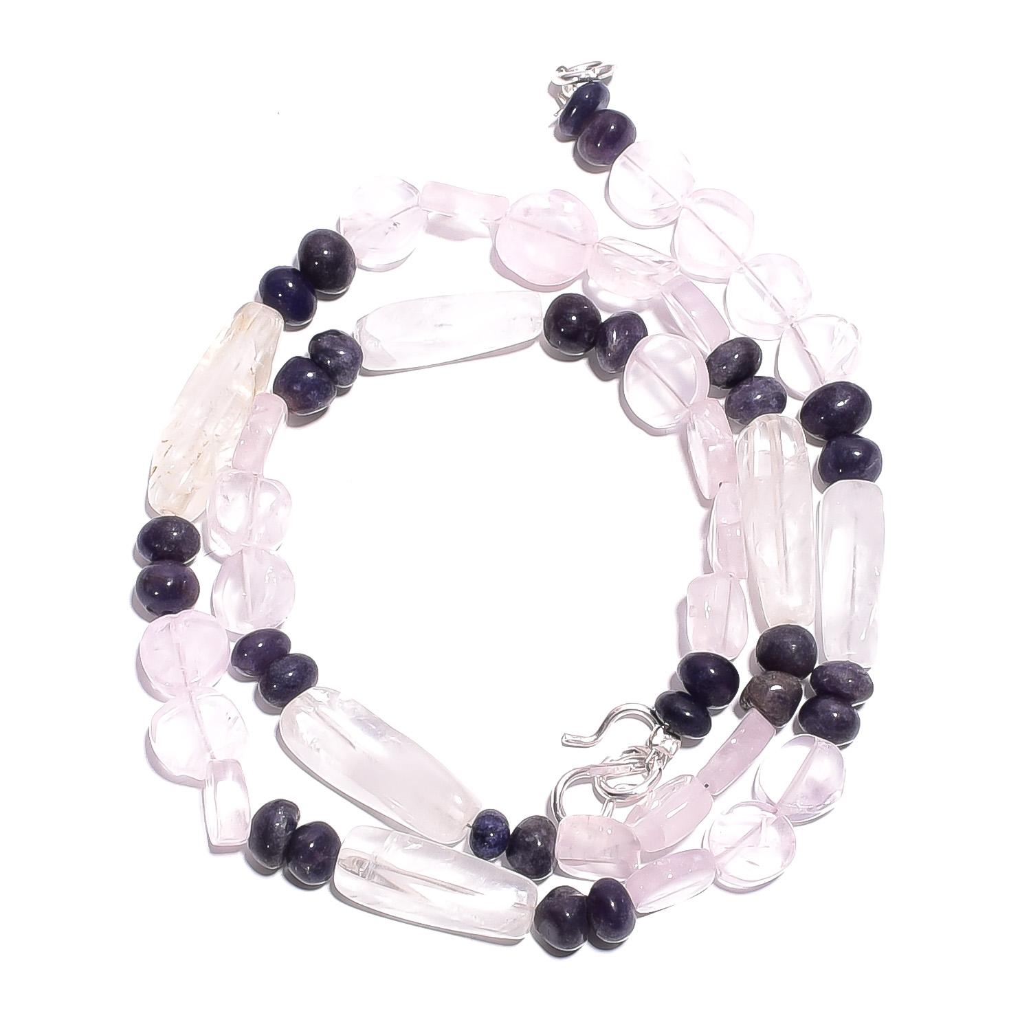 

Natural Rose Quartz Iolite Gemstone Mix Shape Smooth Beads Necklace 17 UB-4921 UB-4921