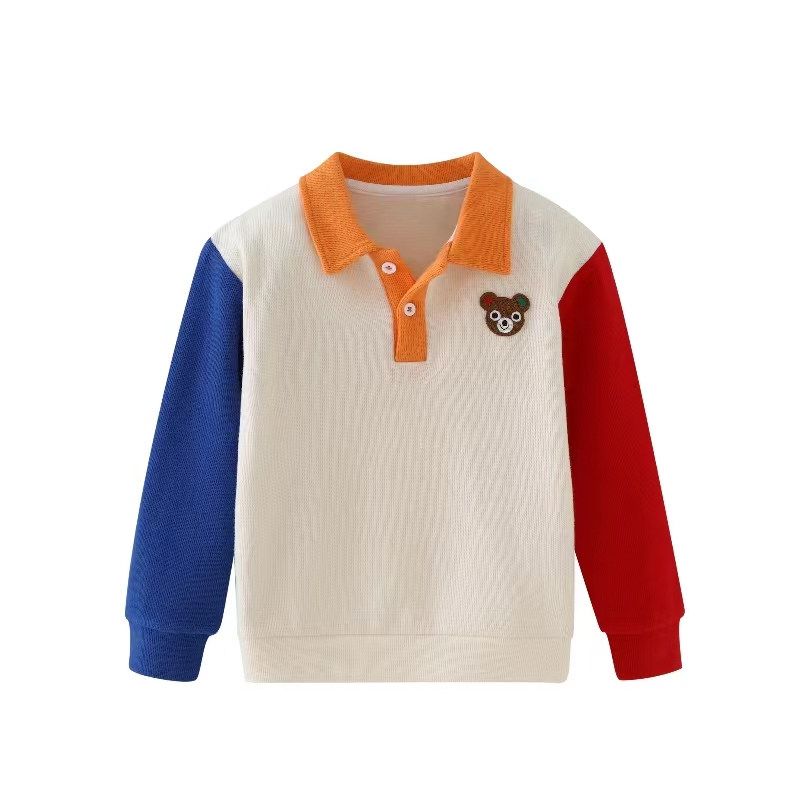 Детская осенняя одежда Свитшот 2023 Новое поступление Мальчики и девочки Пэчворк Чистый хлопок Лонгслив Поло Осенняя куртка Yellow Collar-Contrast Color 90 cm