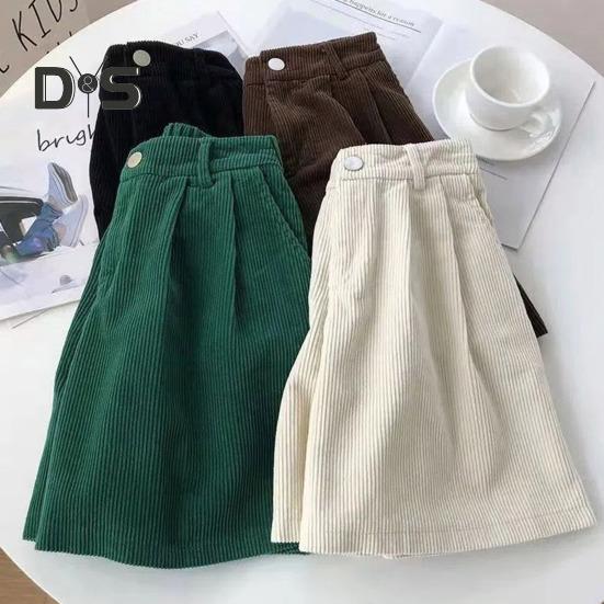 Vintage-Cord-Damen-Shorts, elastisch, hohe Taille, Knopf, Reißverschluss, Shorts, Taschen, weites Bein, kurze Hose