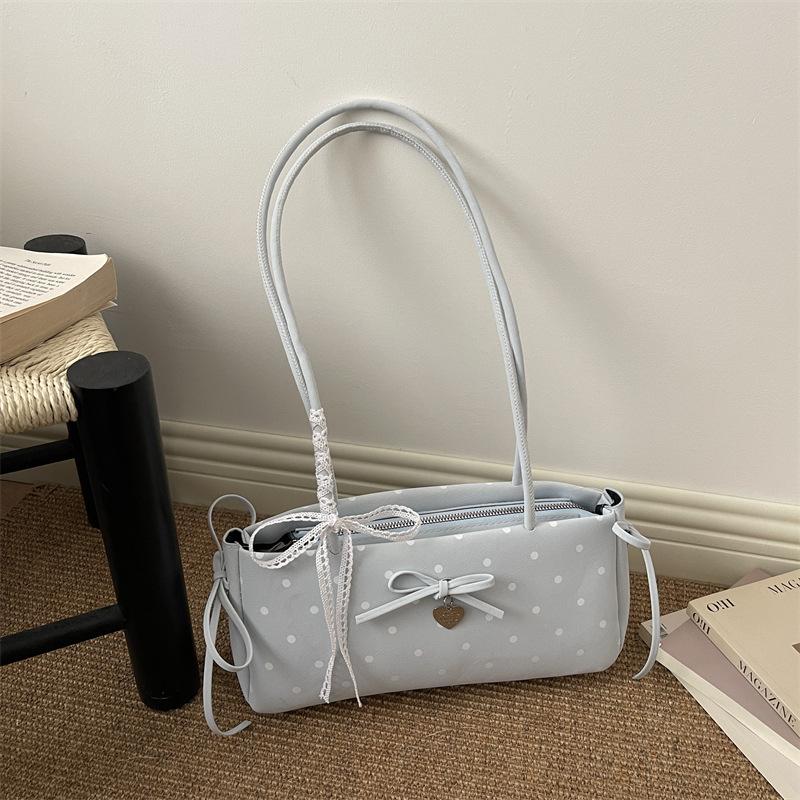 Gepunktete Spitzenrippen-Schulter-Achseltaschen für Damen Süße Schleifen-Mädchen-Kissenbeutel Einfache Vielseitige Tragbare Damen-Handtaschen
