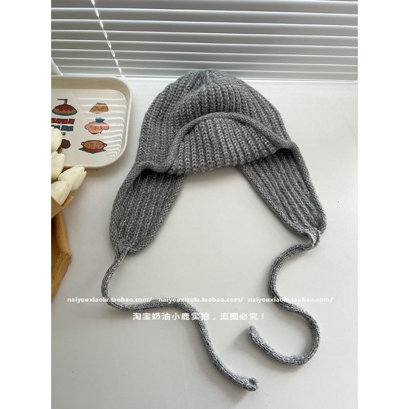 

Knitted hat women s autumn and winter face small lace-up headgear wool flying hat versatile ear protectors One Size Elastic
