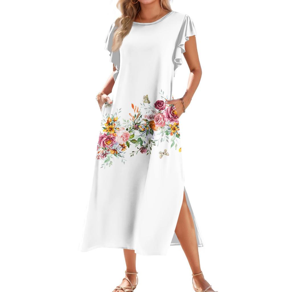 Ladies' Fashionable Summer Casual Pleated Sleeves, Loose Retro Floral Print, Short Sleeves, Round Tie, Pocket Beach Dress