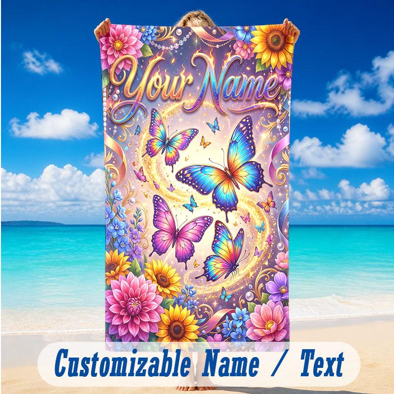 Butterfly Theme Beach Towel Personalized Custom Name & Text Soft Quick Dry Beach Towel for Swimming Travel