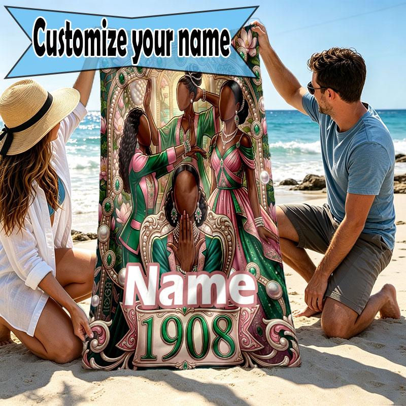 Custom Name Personalized Alpha Kappa Alpha Print Beach Towel, for Trip Camping Beach Party Home Decor, Birthday Gift for Family & Friends