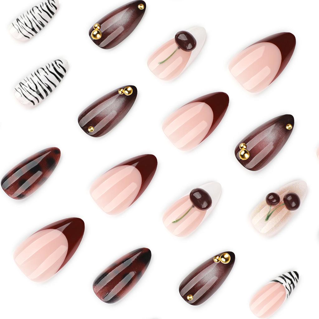 Hot-selling Black and White Zebra Pattern Wearing Nail 3D Three-dimensional Cherry Manicure Nail Piece French Red Fake Nail
