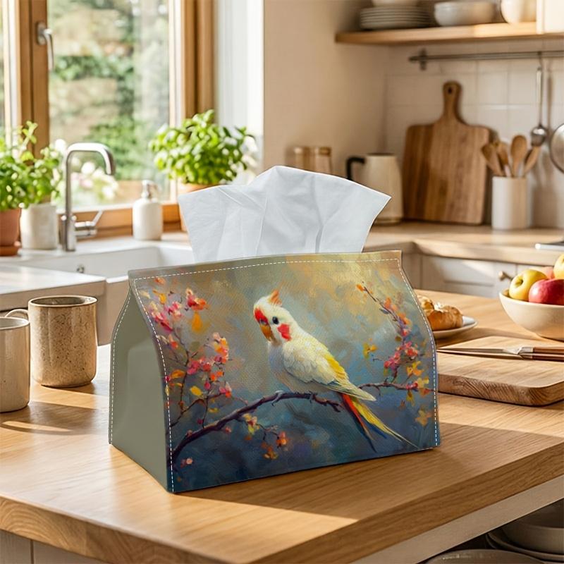 1pc Tissue Box Holder Featuring an Oil Painting of Botanical Designs with a Parrot And Floral Patterns. Made from Durable Polyester, It'S Perfect for