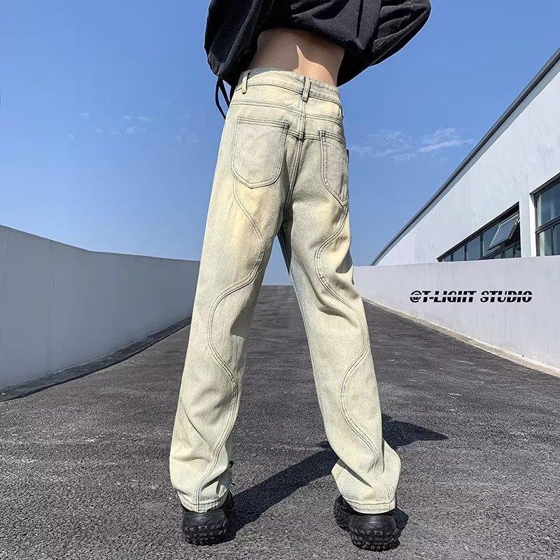 Guochao American Vibe Pants High Street Washed Old Black and Gray Jeans Men's Loose Straight Drape Wide-leg Pants
