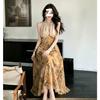 Retro smudge oil floral neck dress summer mesh V-neck waist pendulum long dress seaside vacation looking thin