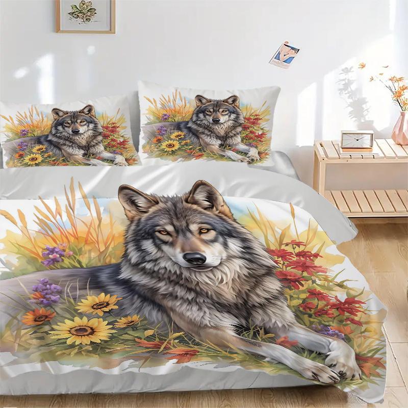 3pcs Gray Wolf Amidst a Field of Colorful Flowers Printed Duvet Cover Set (1 * Cover+2 * Pillowcase, Without Core), Suitable for Home Bedroom, Gu