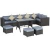 9-Seater Garden Rattan Furniture 10 Pcs Rattan Corner Dining Sofa Set, Grey/Dusty Blue Cushion