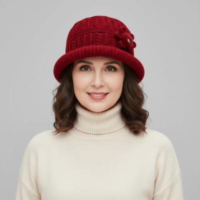 Plush Floral Knitted Bucket Hat Flower Warm Fisherman Hat Casual Woolen Hat  Middle-aged Elderly