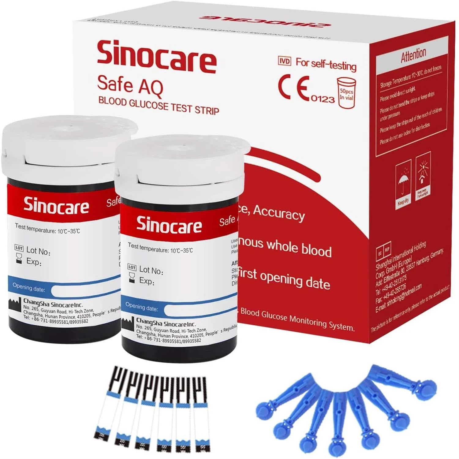 SINOCARE SAFE AQ Blood Glucose Test STRIPS, Box of 50 | Works with SAFE AQ GLUCOMETER ONLY | Lancets not included | Blood Glucose Monitor Strips, P
