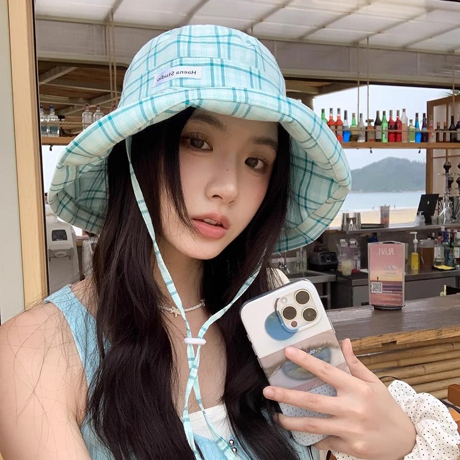 Plaid Bucket Hat Women's Summer Outdoor Sun Hat Sun Protection UV Protection Hat Showing Washbasin Hat
