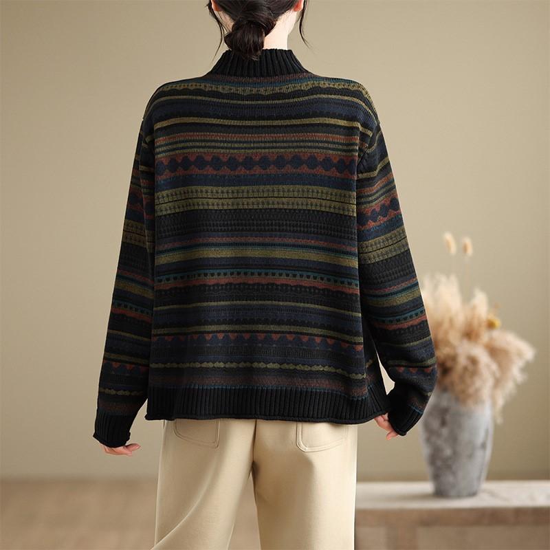 Johnature Casual Pullover Long-sleeve Sweater Half-high Collar Ethnic-style Print Winter Knitted Pullover Women Sweater